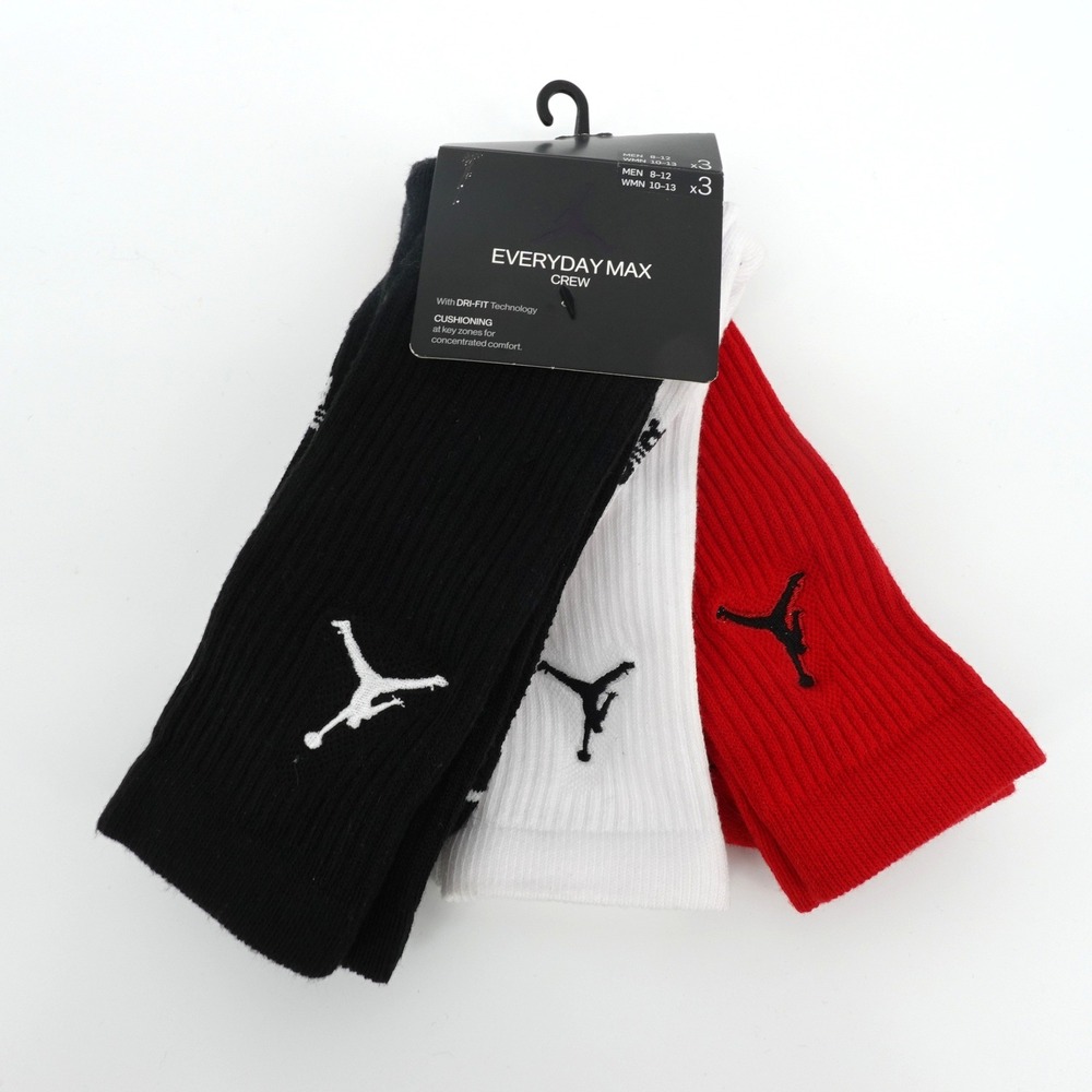 Jordan Everyday Max Crew Mens Socks 3 Pair Black White Red Size L 8-12 NEW